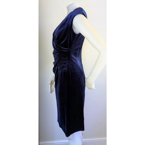 Evan Picone Velvet Sheath Dress 4 Deep Blue Sleeveless Ruched Evening Cocktail - Picture 5 of 10